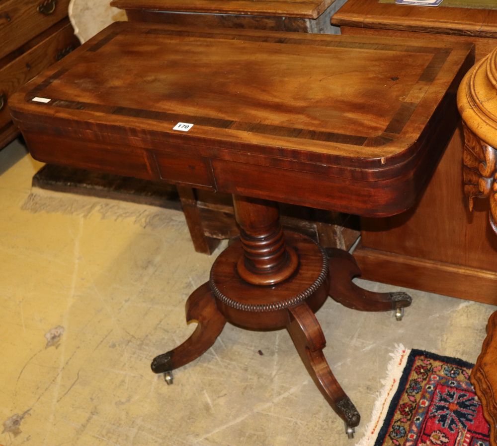 A Regency banded mahogany folding card table, W.84cm, D.42cm, H.74cm